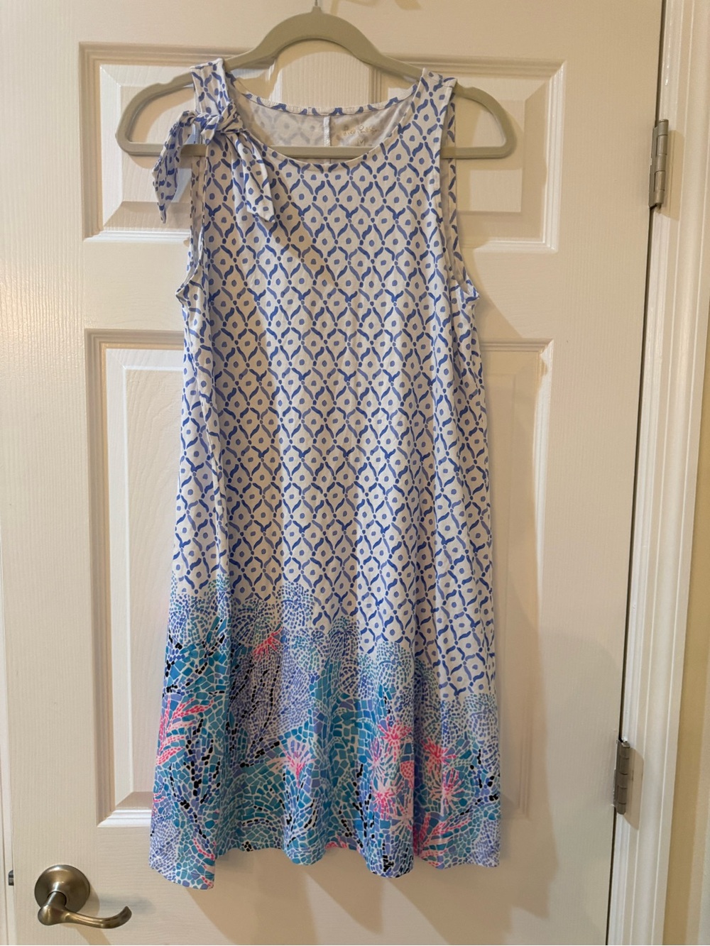 Lilly Pulitzer 100% Cotton White & Blue Patterned Midi Dress with Pink Accents